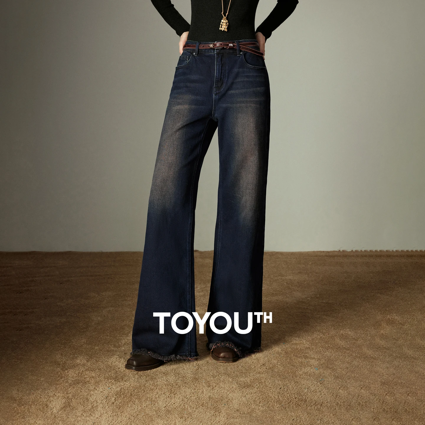 TOYOUTH Women Flare Pants 2026 Winter New Mongolian Nomadic Style Frayed Cuff Elastic Slim-Fit Flared Trousers