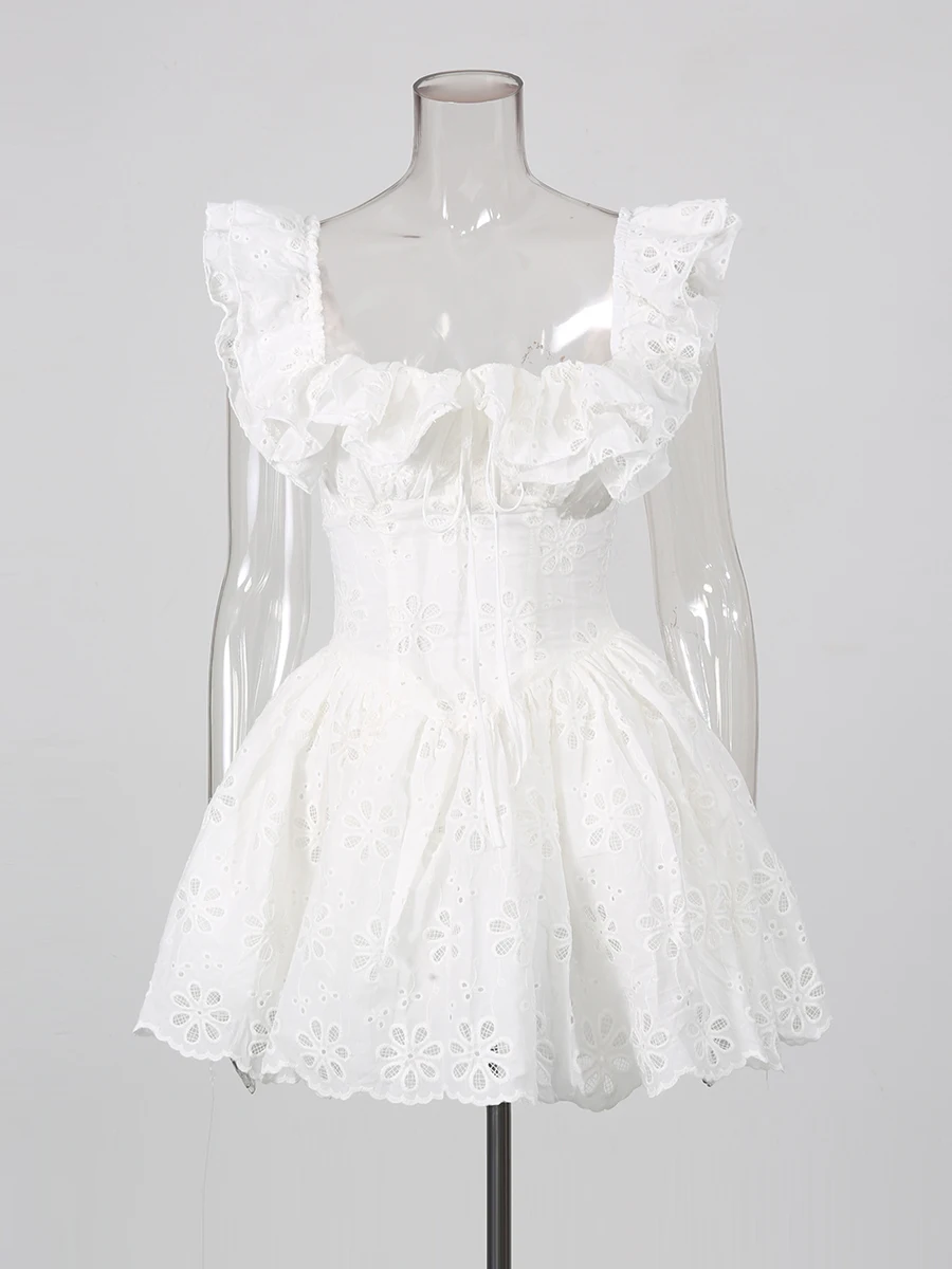 TWOTWINSTYLE Embroidery Solid Sweet Dresses for Women Square Flying Sleeve High Waist Slimming A Line Mini Dress Female Fashion - view 5