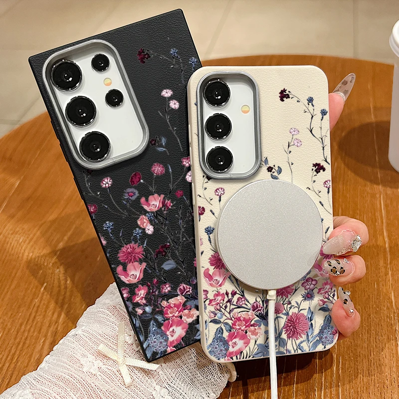 Retro Flowers Print Case For Samsung Galaxy S25 S24 S23 Ultra S22 Plus S21 S24 FE For Magsafe Wireless Charge TPU Leather Cover