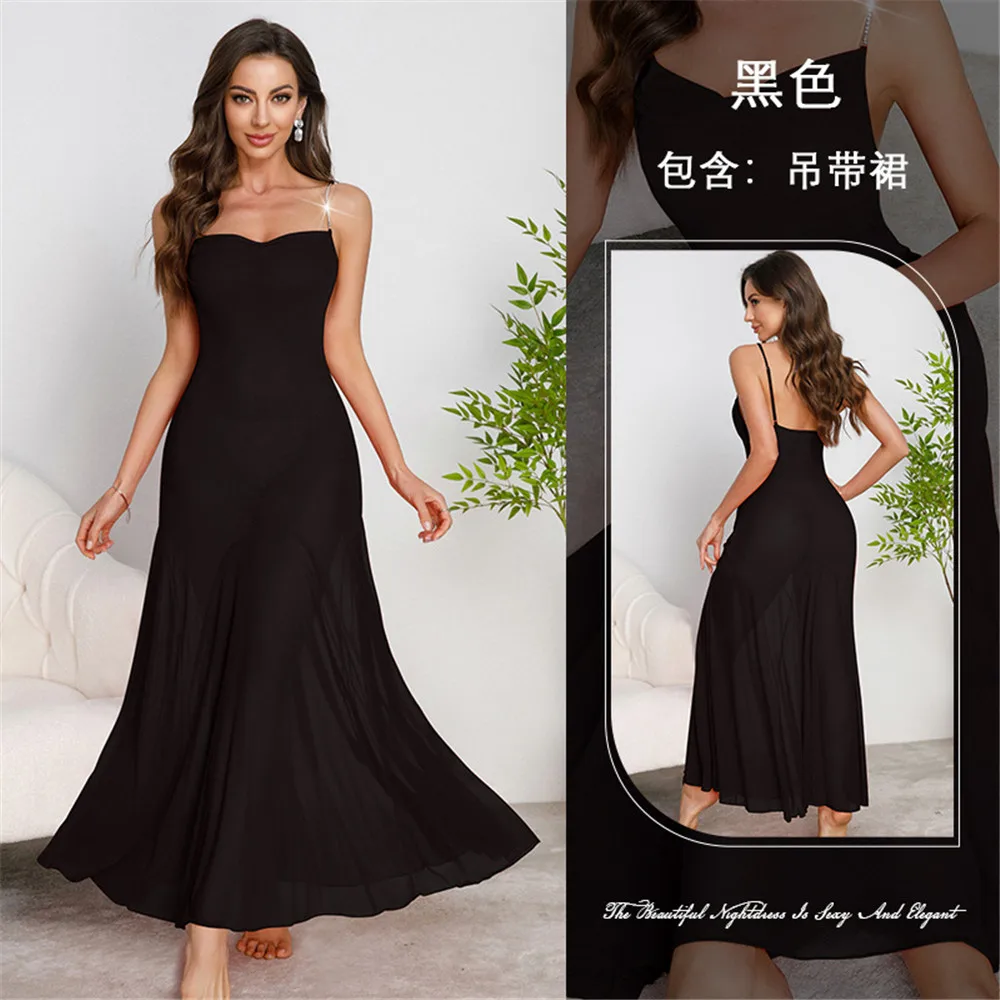 Summer Chiffon Female Long Nightgown Sleepwear Sexy Mesh Suspender Nightdress Nighty Home Dress Loungewear 5