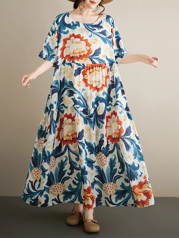 

Богемное платье с круглым вырезом и коротким рукавом, с принтом, для летнего отдыха, свободного кроя, А-силуэт, миди, из хлопка и вискозы, большие размеры