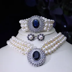 Natural freshwater pearl necklace set High-end luxury Czech rhinestone necklace women's wedding party jewelry accessories