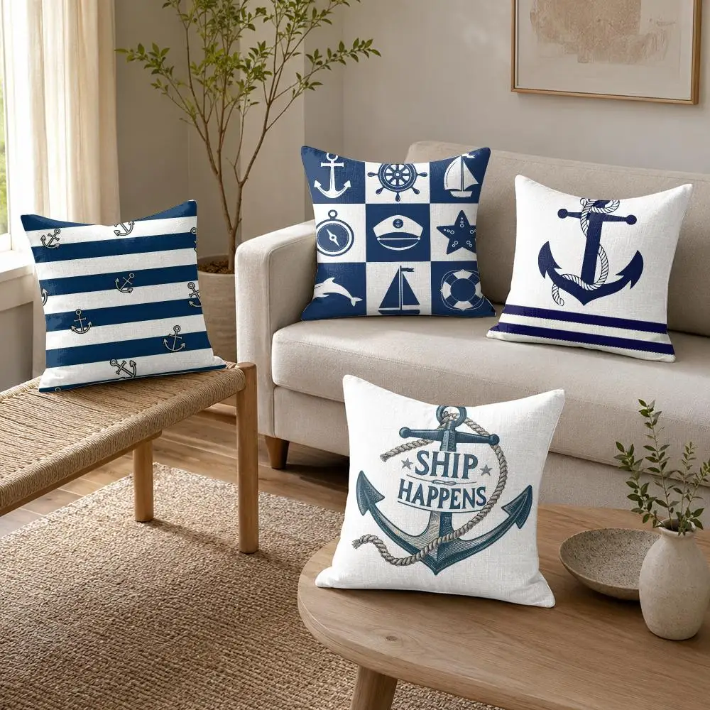 O-ocean sailor Cushion Cover Organic Linen Throw Pillow Cover - Double-Sided Print Breathable Cushion Case Home Decor