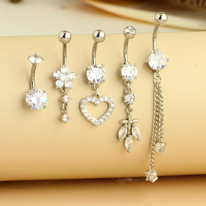 5PCS Cute Dangle Belly Ring Pack, 14G Navel Piercing Set