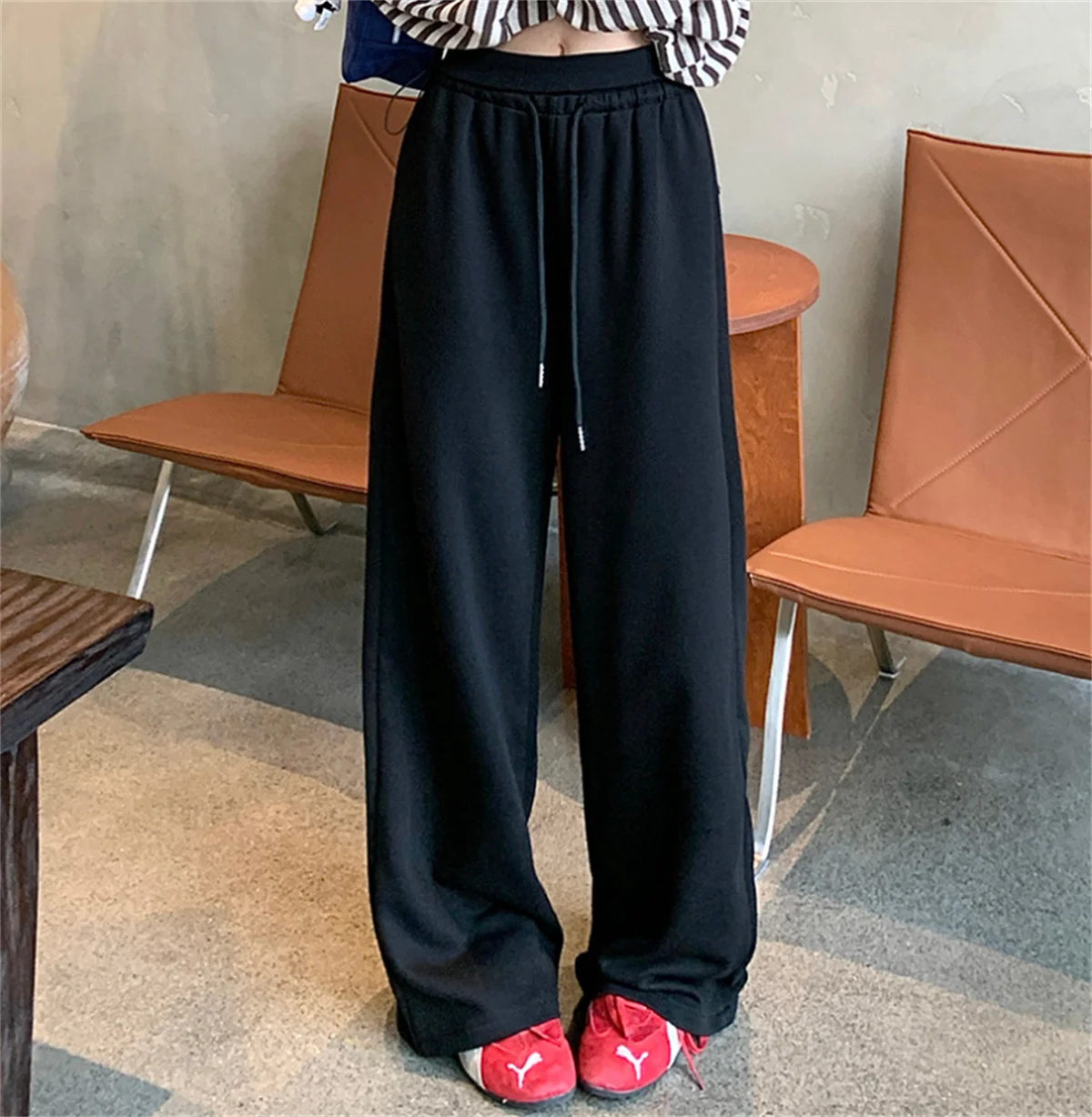 Pantalones lisos rectos a la moda para mujer, novedad de otoño y primavera, pantalones con cordón de pierna ancha, pantalón informal de calle para mujer, pantalón de Hip Hop de cintura alta