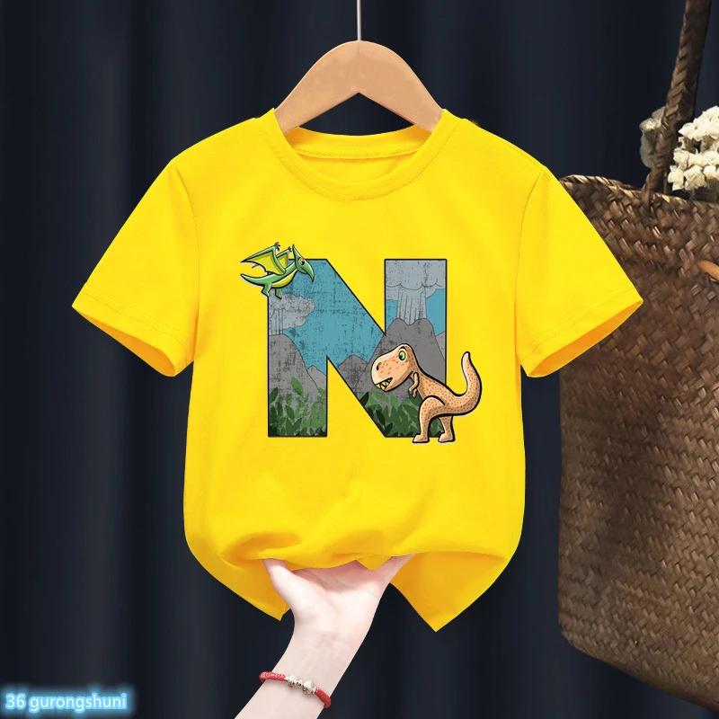 Nuova vendita calda ragazzi T-Shirt dinosauro alfabeto compleanno stampa per bambini festa di compleanno abbigliamento moda ragazzi vestiti camicie per bambini top