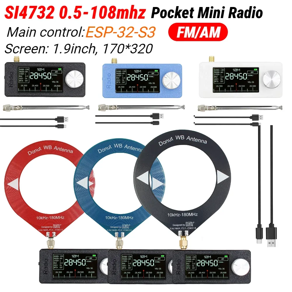 

New Mini SI4732 0.5-108mhz Pocket Radio 1.9" IPS Screen with Antenna FM/AM All Band HF SW MW VHF ESP32 Radio Receiver