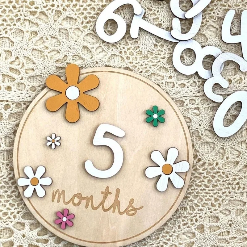 بطاقات معلم شهرية للأطفال الخشبية، زهور مزدوجة الجوانب، رقم الشهر للفتيات والأولاد، ملحقات دعائم التصوير الفوتوغرافي لحديثي الولادة