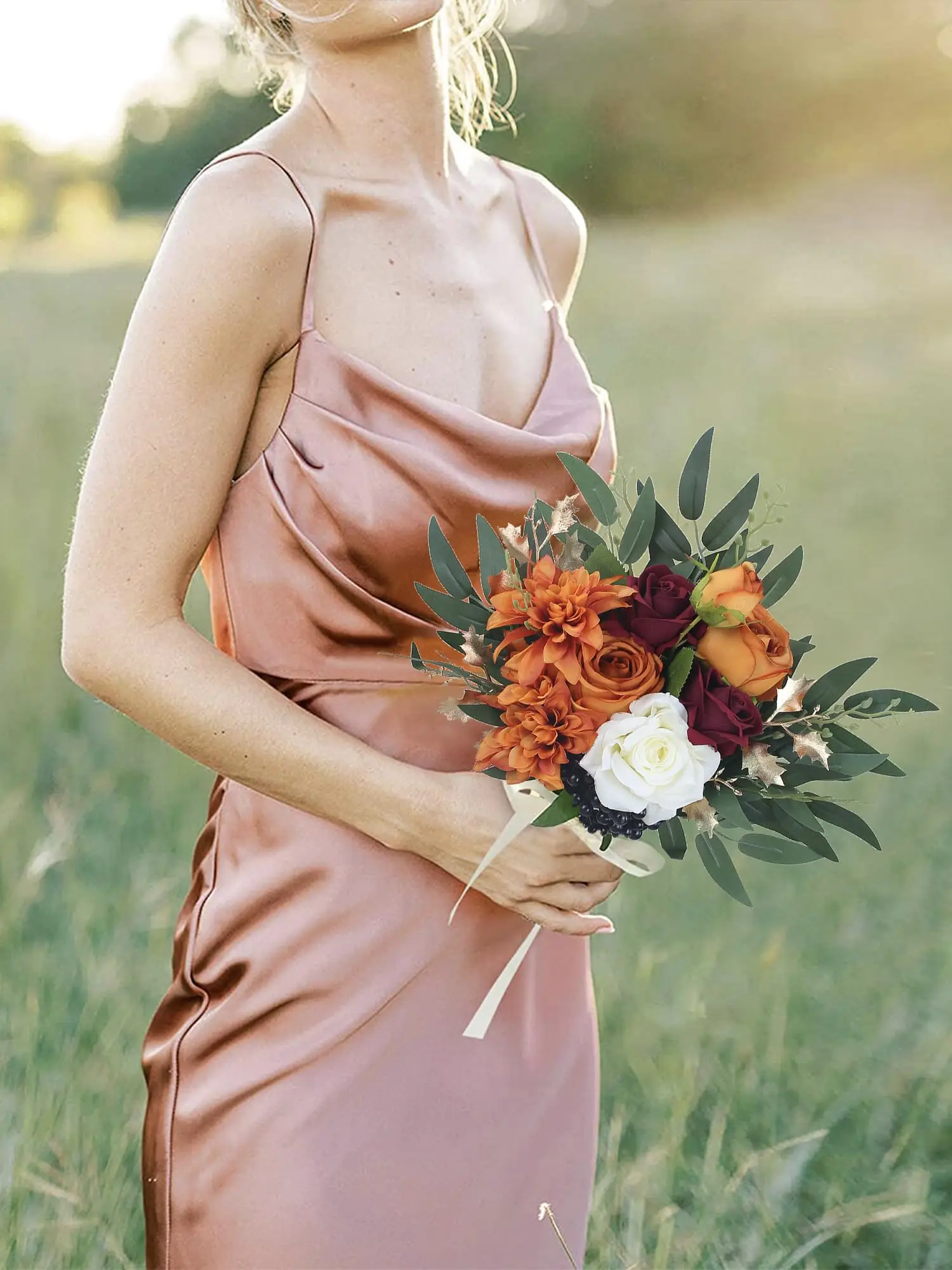 Bridal Wedding Bouquets Roses Artificial Flowers Bouquets Fall Wedding Decor Bride Burnt Orange Bridal Bouquet For Wedding image 6
