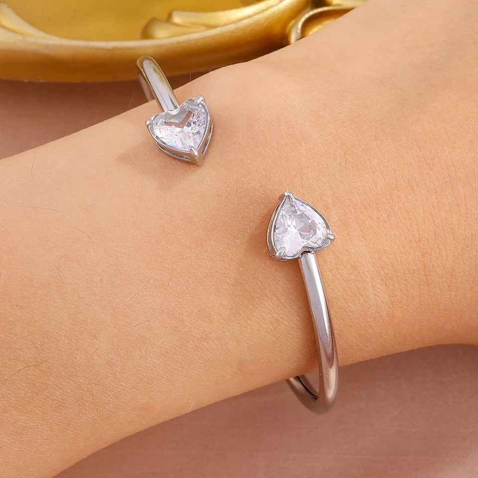 ZAKOL 3-teiliges Set 316 Edelstahl-Armbänder Glänzender Herz-Zirkon Offener Armreif Valentinstag Gestapeltes Handgelenk-Schmuckset Geschenke – Detail 12