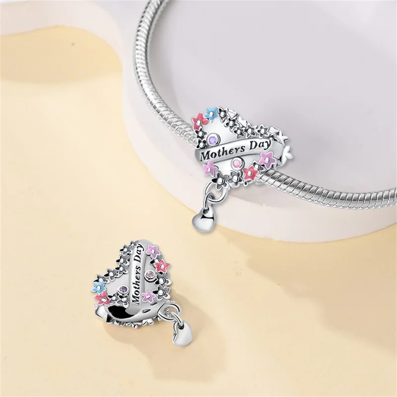 925 Silver Mother\'s Day Baby Shoe Bottle Clothing Pendants Pink Heart-shaped Charms Beads Fit Pandach Bracelets DIY Jewelry Gift