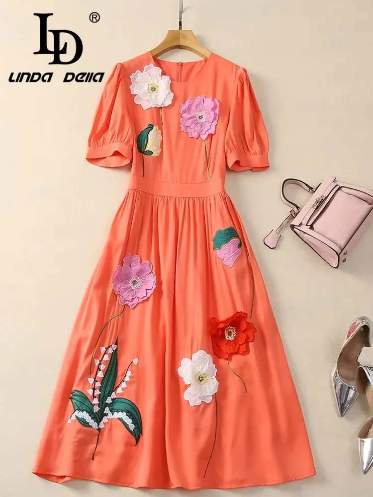 LD LINDA DELLA Summer New Style Cheap Casual Dress Women's Orange Round Neck Applique Splice High waist Draped Dress