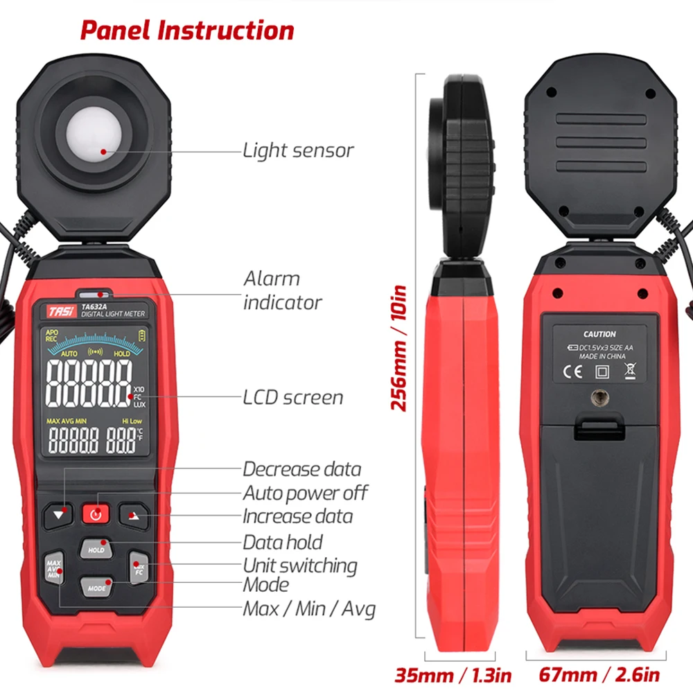 TASI TA632A/B Digital Light Meter Photography Luxmeter Detachable Probe Illuminometer Lux/Fc Photometer Enviromental Tester