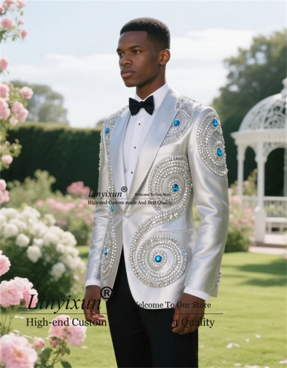 

Formal Slim Fit Tuxedo Men Suit Luxury Beaded Crystal Male Prom Blazer Wedding Groom 2 Piece Sets trajes para hombre Customized
