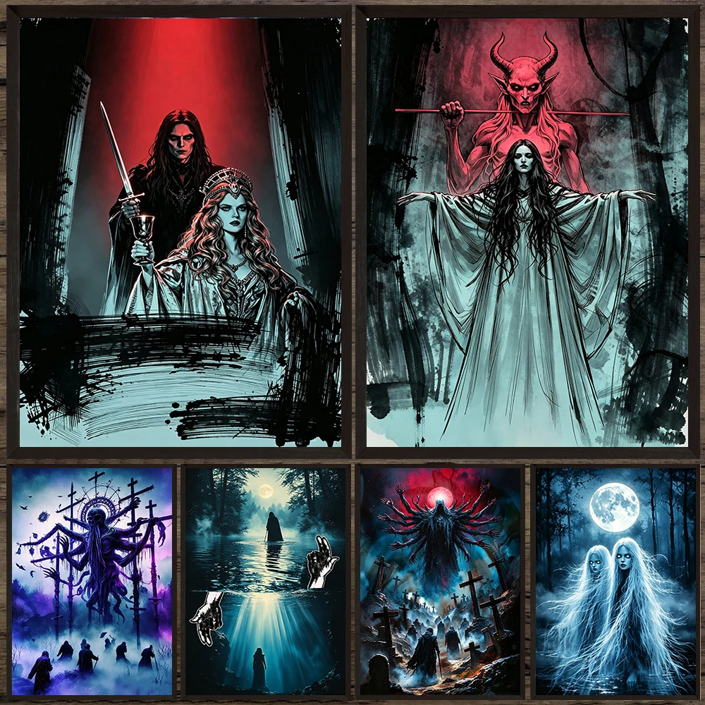 Gothic Horror Fantasy Canvas Poster Prints,Ink Style Devil Noble Couple Glowing Thorn Crown Moonlight Cemetery Specter Wall Art