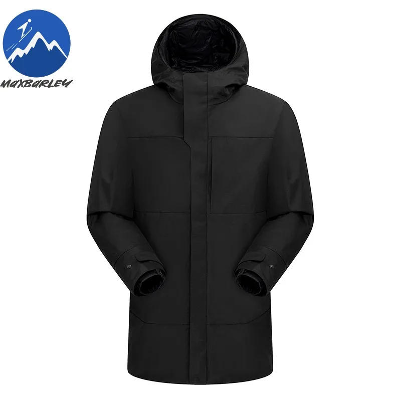 Maxbarley Down Jacket Men Hooded Outdoor Hiking Waterproof Coat Casual Mountaineering Warm Cold Protection Mid Long Down Garment