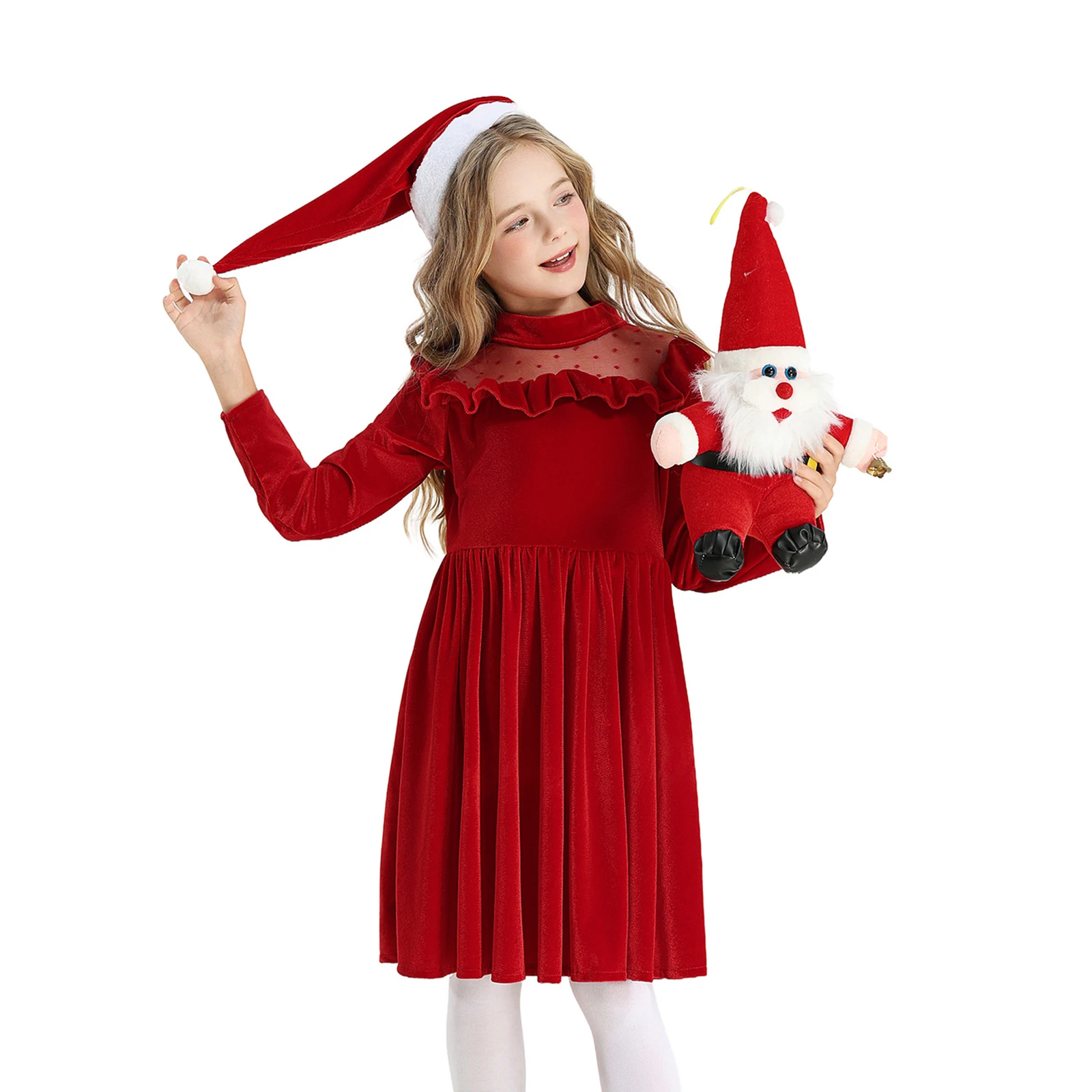 

High Quality Girls' Fashion Cute Solid Color Ruffled Long-Sleeve Princess Dress Christmas Party Performance Dress Tulle Gown