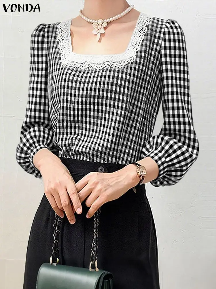 VONDA Fashion Women Plaid Tops Autumn Blouse 2025 Elegant Square Collar Lace Office Lady Korean Shirts Casual Loose Blusas Femme