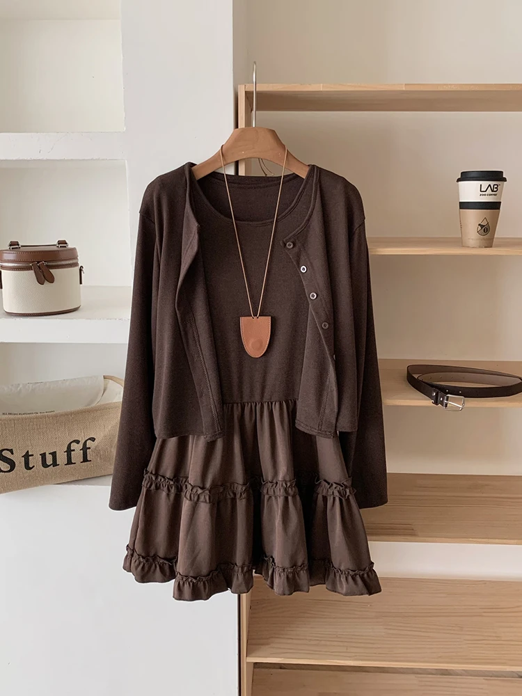 

Осеннее трикотажное платье, комплект из двух предметов, женское новое трикотажное платье без рукавов с круглым вырезом и коротким пальто с длинными рукавами, комплект S121