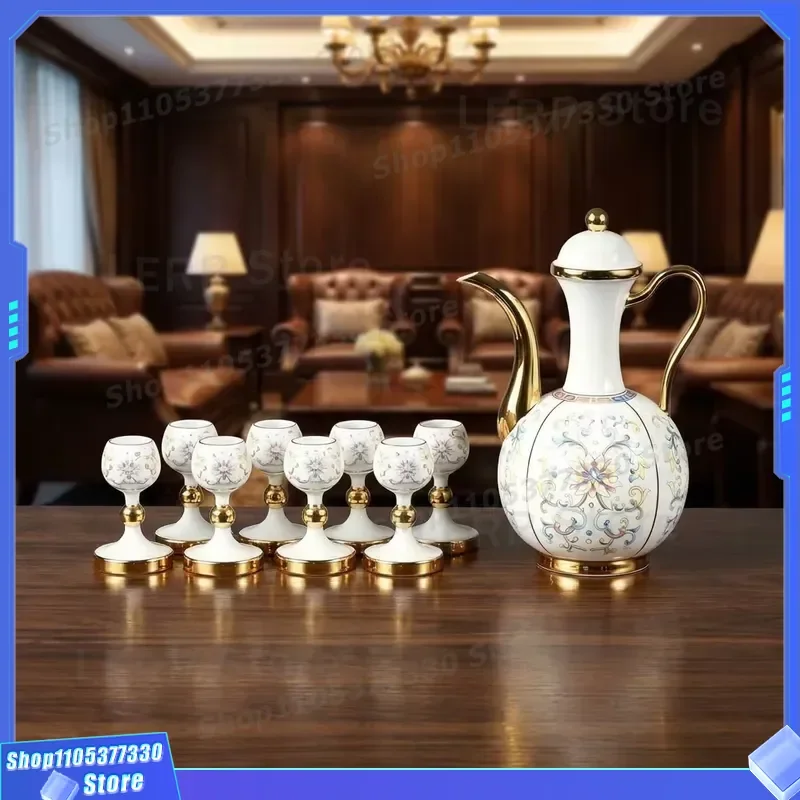 10 Piece Ceramic Wine Set Gift Box Leak Proof Food Safe Bright Baoxiang Flower Pattern Golden Exquisite Wine Glass High