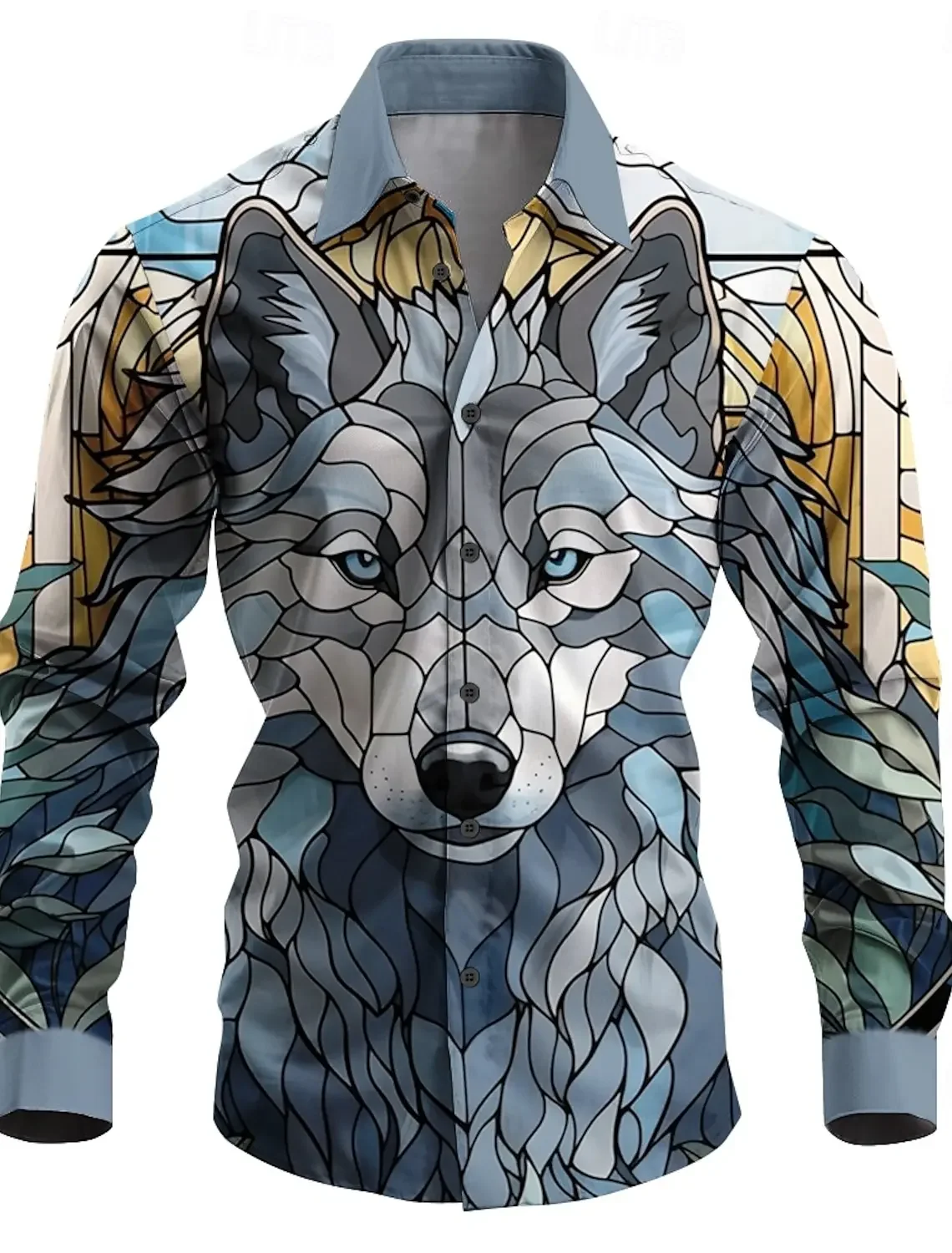 2024 lobo artístico masculino botão acima camisa de manga longa festa noite diário outono inverno camisa gola impressão 3d fino azul poliéster