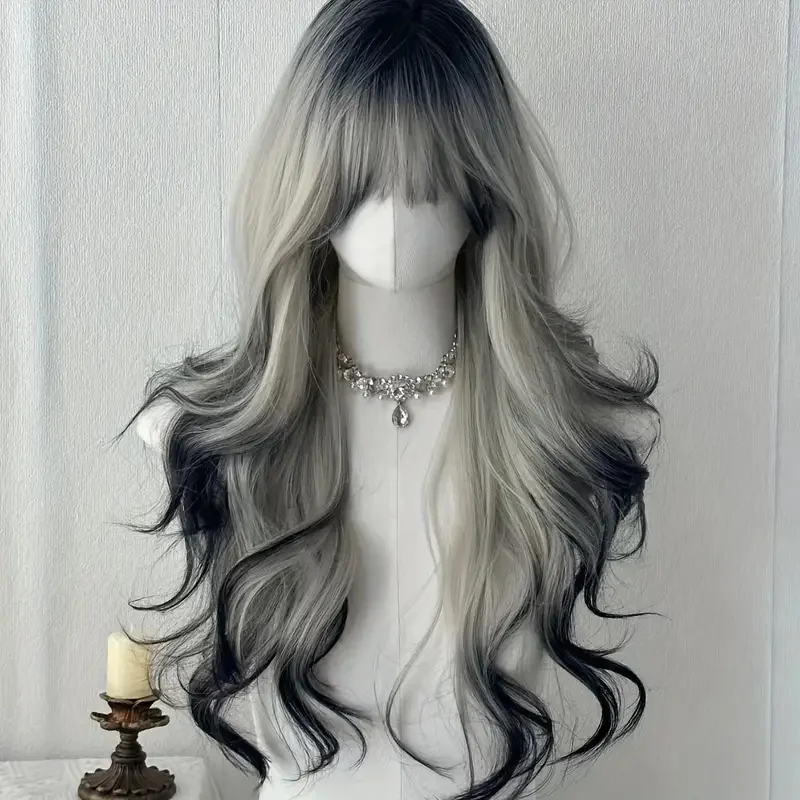 26-Inch Long Black And White Curly Waves Synthetic Hair Wig Soft Comfortable Rose Net for Everyday Parties Holidays