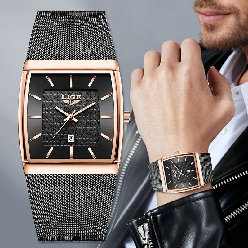 LIGE Neue Luxus-Quadratuhr für Herren, modisch, Business-Stil, Roségold, ultradünnes Mesh, wasserdicht, leuchtend, Herren-Quarz-Armbanduhren