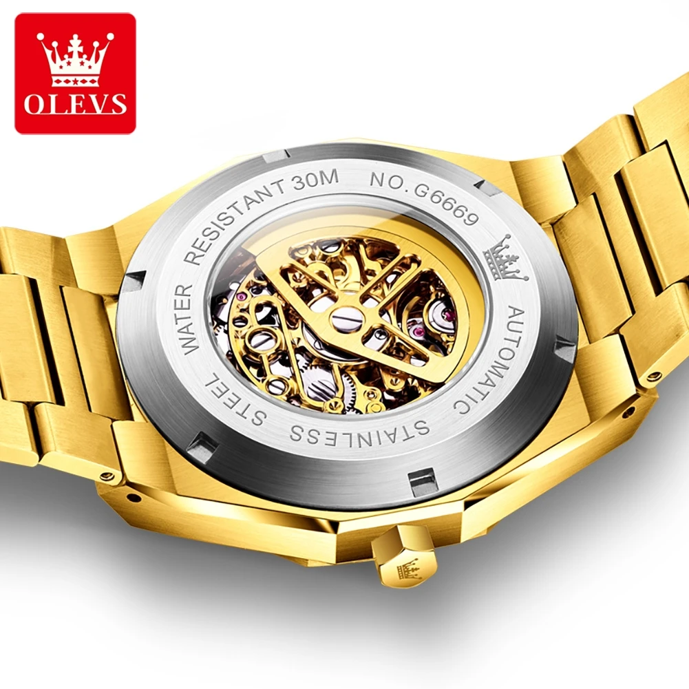 OLEVS ยี่ห้อแถบเหล็กกันน้ําส่องสว่างนาฬิกากลไกอัตโนมัติเต็มรูปแบบ 6669