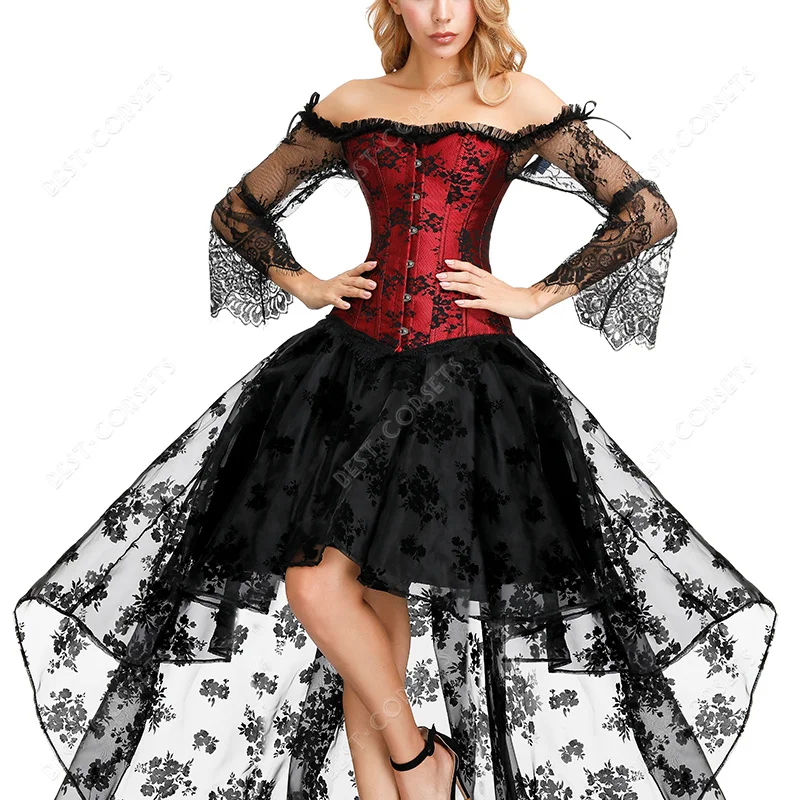 Gothic Corset Dresses for Women Sexy Vampire Bridal Corset Cosplay Black Lace Sleeve Dress with Corset Top