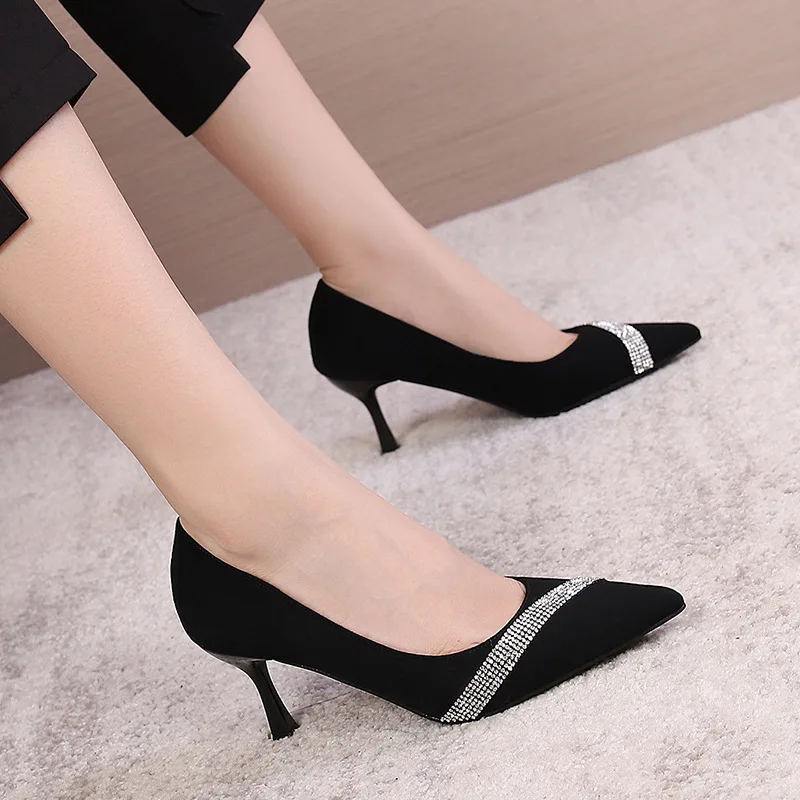 

32-42 High Heel Shoes Women Spring Rhinestone Pointed Thin Heel Black Dress Shoes Stiletto Pumps