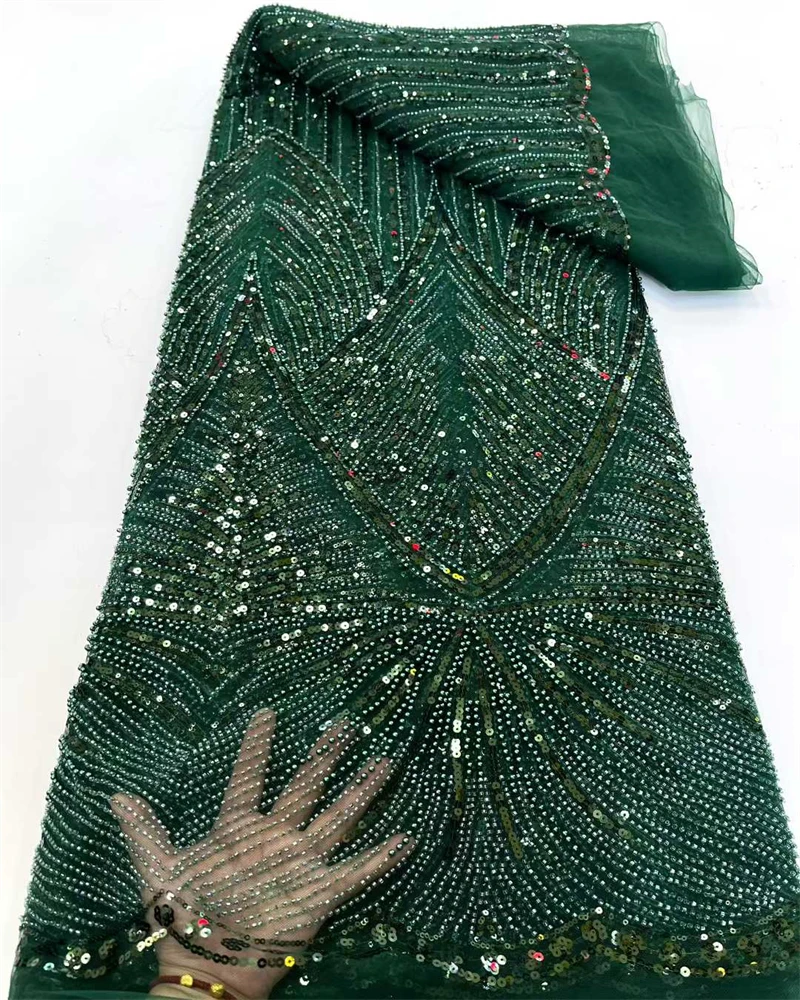 High Quality African Nigerian Net Lace Fabric With Sequins Handmade Heavy Beaded Lace Cloth Prom Dresses Beads