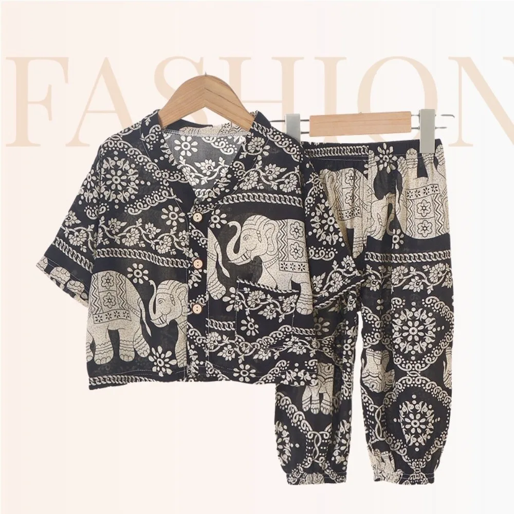 Vacation Style Leisure Wear Clothing Sets Print Short Sleeve Sleepwear Pajamas Soft Thin Shirt+Short Sets Summer
