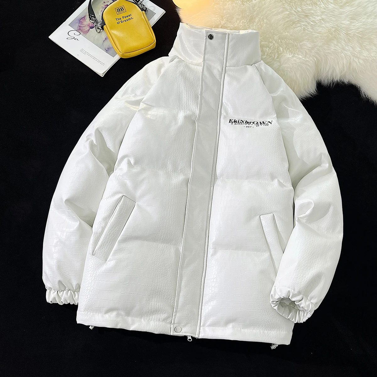 

Men's Winter Thiened Warmth PU Leather Cotton Jaet Crocodile Pattern Stand Collar American High Street Sli Cotton Coat