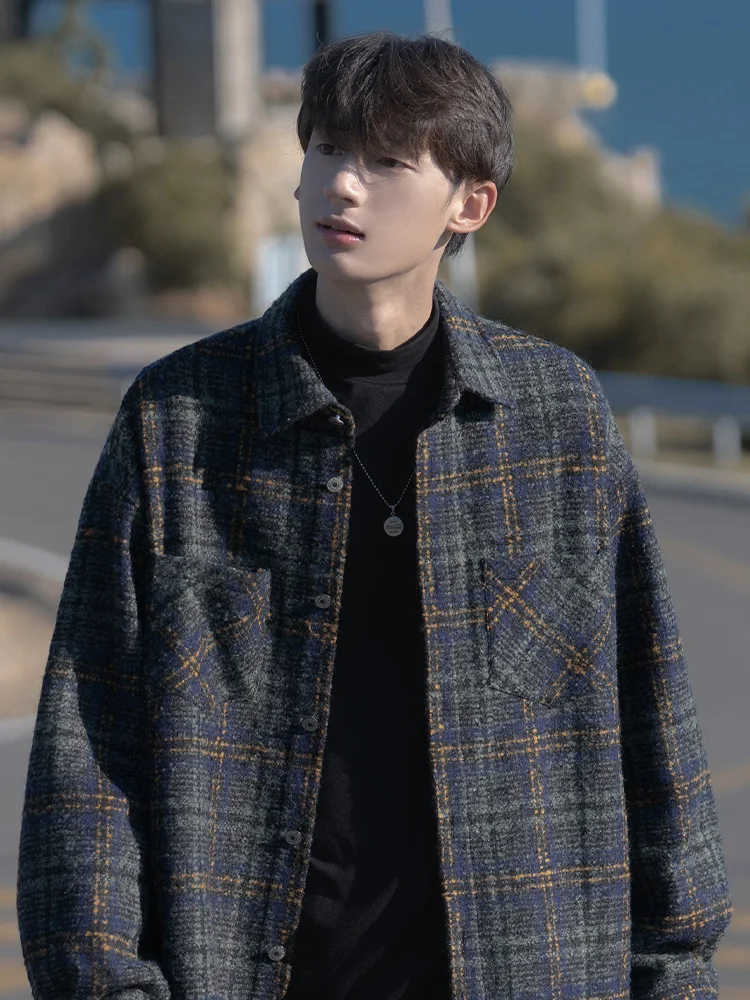 

Preppy Plaid Jaet Men's Autumn Faion Brand Versatile Casual Long Sve irt Japanese Retro Men's Turn-down Collar Jaet