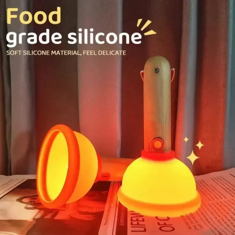 

Cute Plunger Silicone Night Light Wooden Handle Toilet Suction Night Light Usb Rechargeable Stepless Dimming Sleep Night Lamp