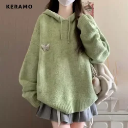 2024 Winte elegante verde scollo a v maglia manica lunga pullover con cappuccio donna dolce farfalla decorazione guaina signore maglione