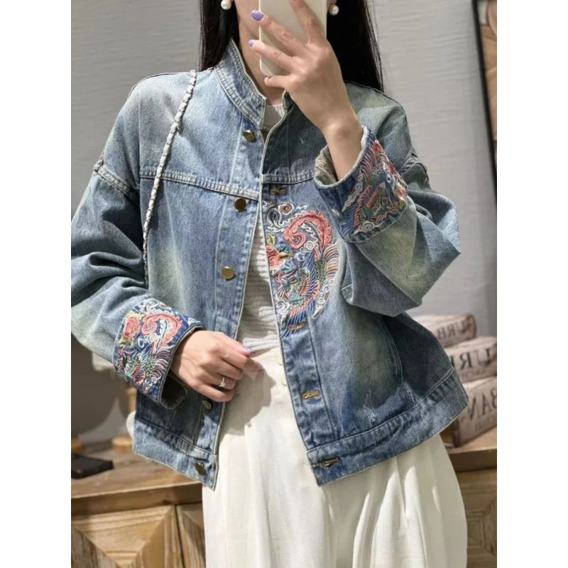 

Women's Spring and Autumn Top Coat Denim Embroidery Buttons Retro Simple Comfortable Casual Design Soft Niche Versatile Skinny