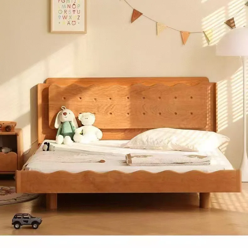 Nordic simple full solid wood double bed boy girl North American cherry wood furniture single small bed cookie bed