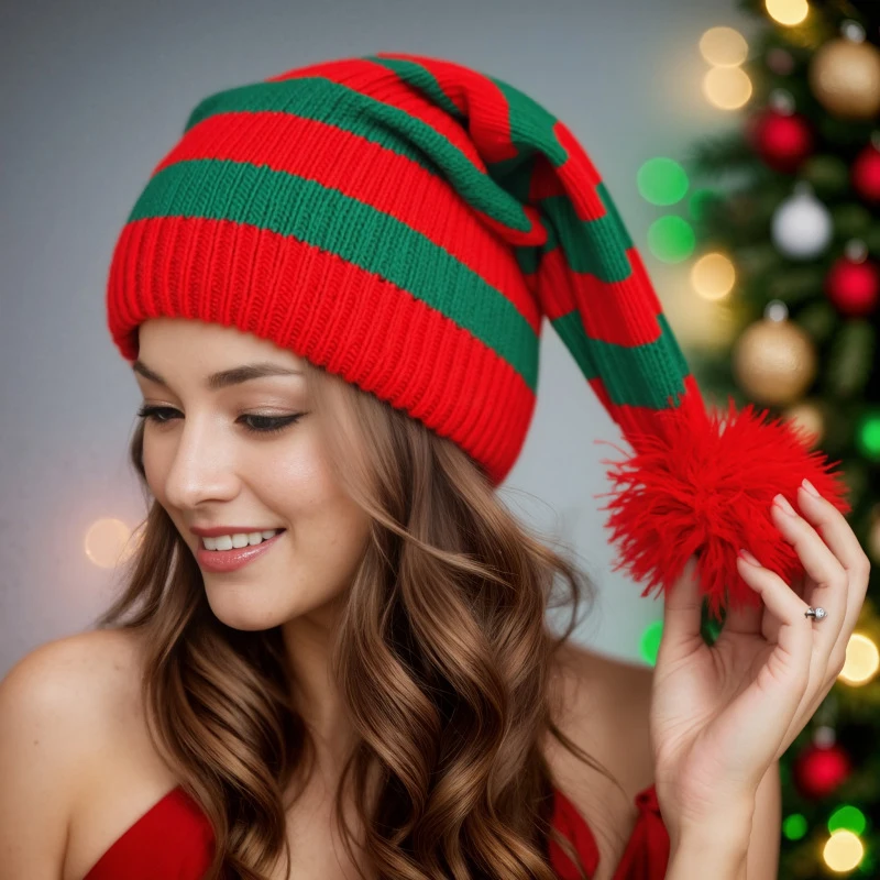 New Christmas Knit Hat Red and Green Striped Pom Pom Beanie European and American Ins Christmas Hat Cold Weather Insulation