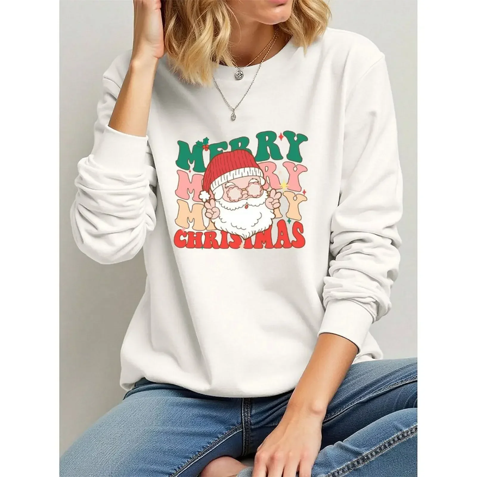 

Women Round Neck Long-sleeve Velvet Winter Casual Comfortable Merry Christmas Santa Print Sweatshirt Fashion Woman Clothes 2025