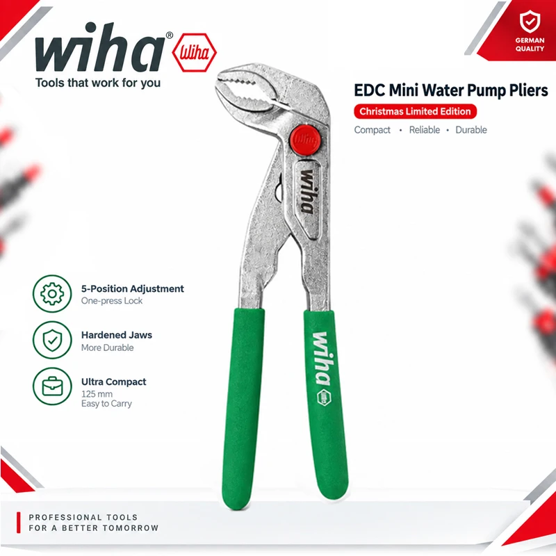 Wiha 46810 EDC Mini Water Pump Pliers Christmas Limited Edition, 125mm Slim Jaw 5-Position Quick Lock Adjustable Hand Tool