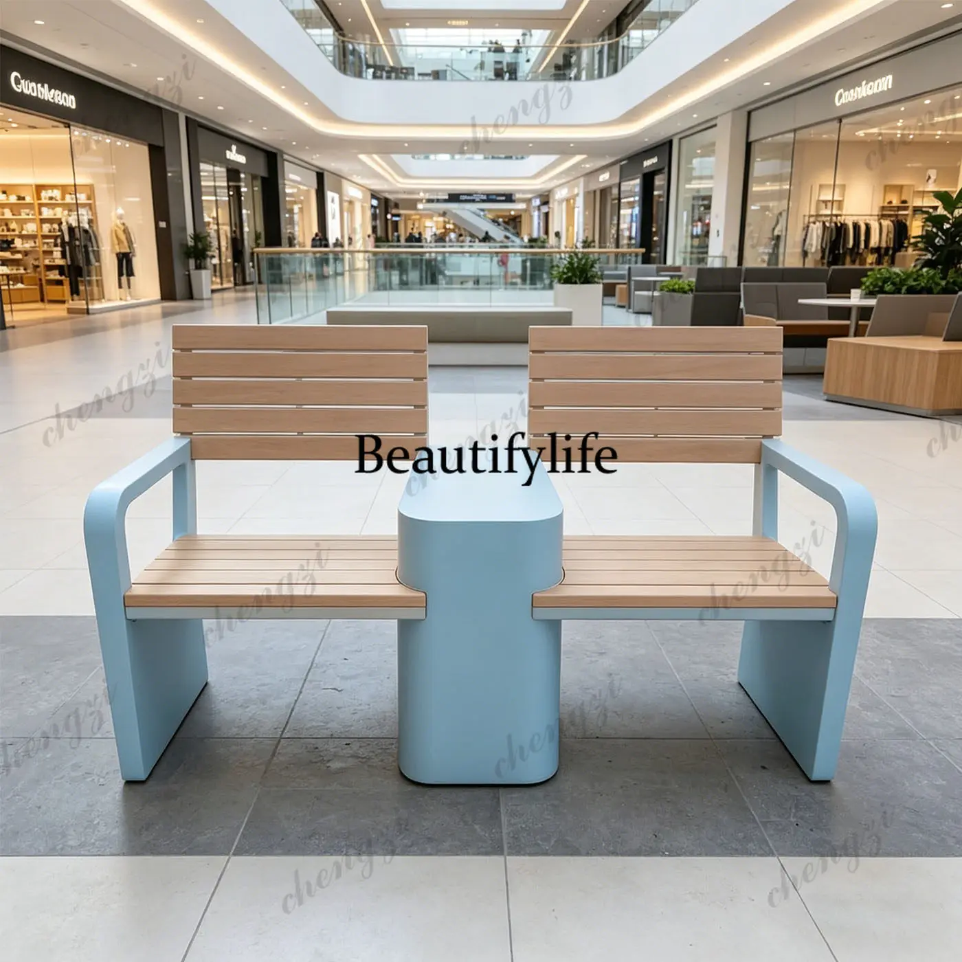 Modern simple double leisure chair plastic wood seat shopping mall rest area street outdoor public seat