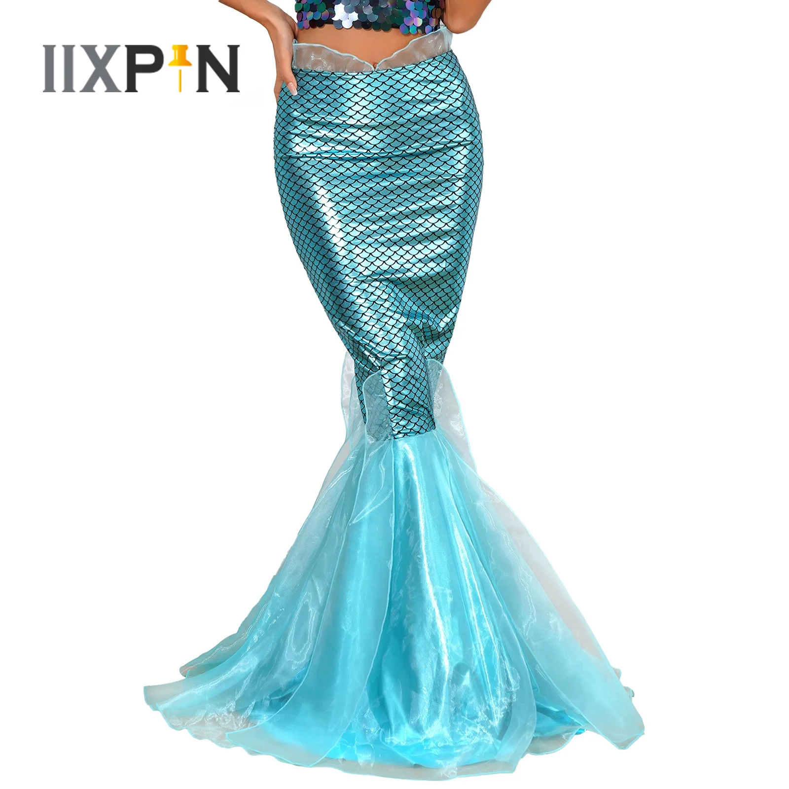 

Womens Halloween Mermaid Cosplay Maxi Skirt Cascading Tulle Fish Scale Print Metallic Shiny Fishtail Skirt for Party Dress-Up