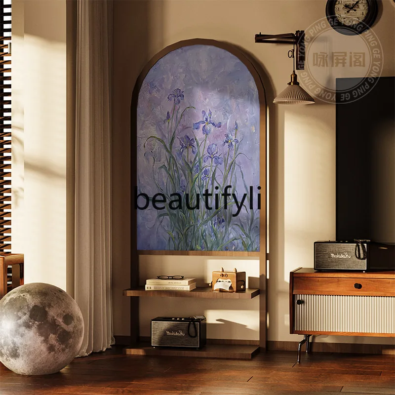 

oil painting texture purple flower screen partition living room entrance bedroom block solid wood storage seat screen
