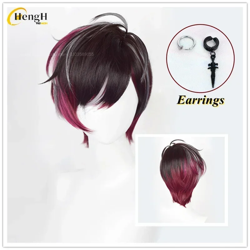 

In Stock Anime Synthetic Ver Vermillion Short 30cm Gradient And Earrings Cosplay Anime Wig Heat Resistant Hair Halloween Wigs