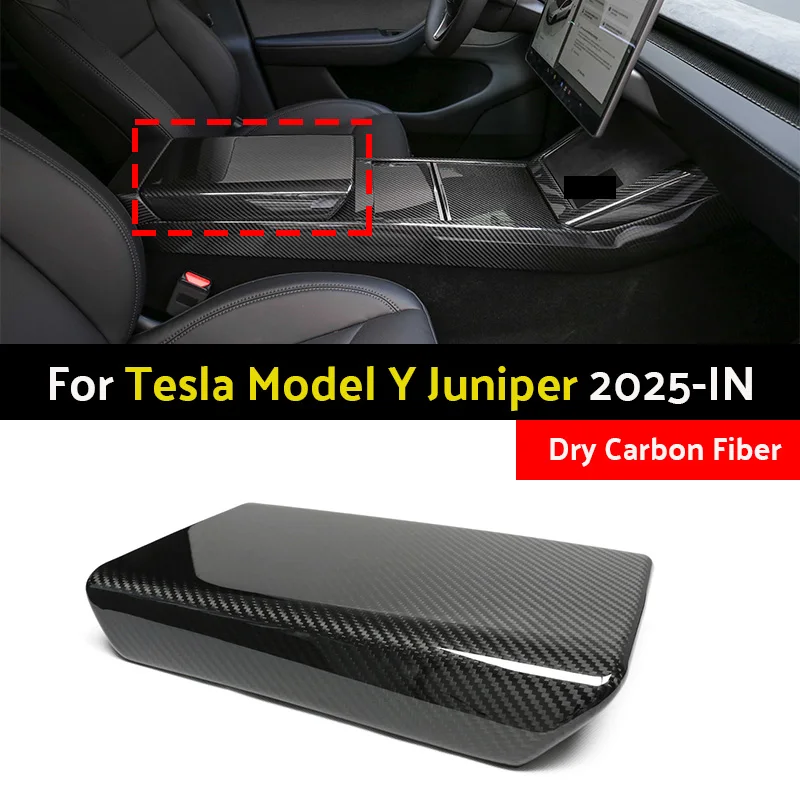 Dry Carbon Fiber Armrest Box Cover For Tesla Model Y Juniper 2025 2026-IN OEM Style Add On Part Center Console Protect Cover