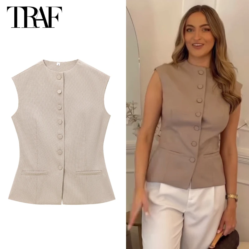 TRAF 2024 Plaid Sleeveless Vest Women Office Button Vests for Women Fall Waistcoat Streetwear Vest Top Women Basic Women's Vest