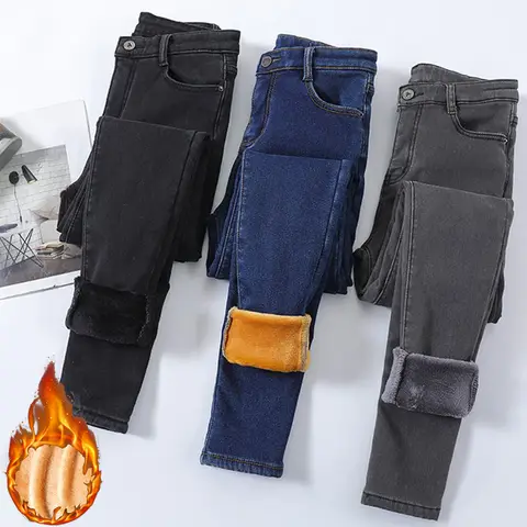 Jeans in peluche termico da donna invernale Jeans elasticizzati caldi da neve Vendita calda Pantaloni in pile a vita alta Pantaloni in denim a gamba dritta femminile