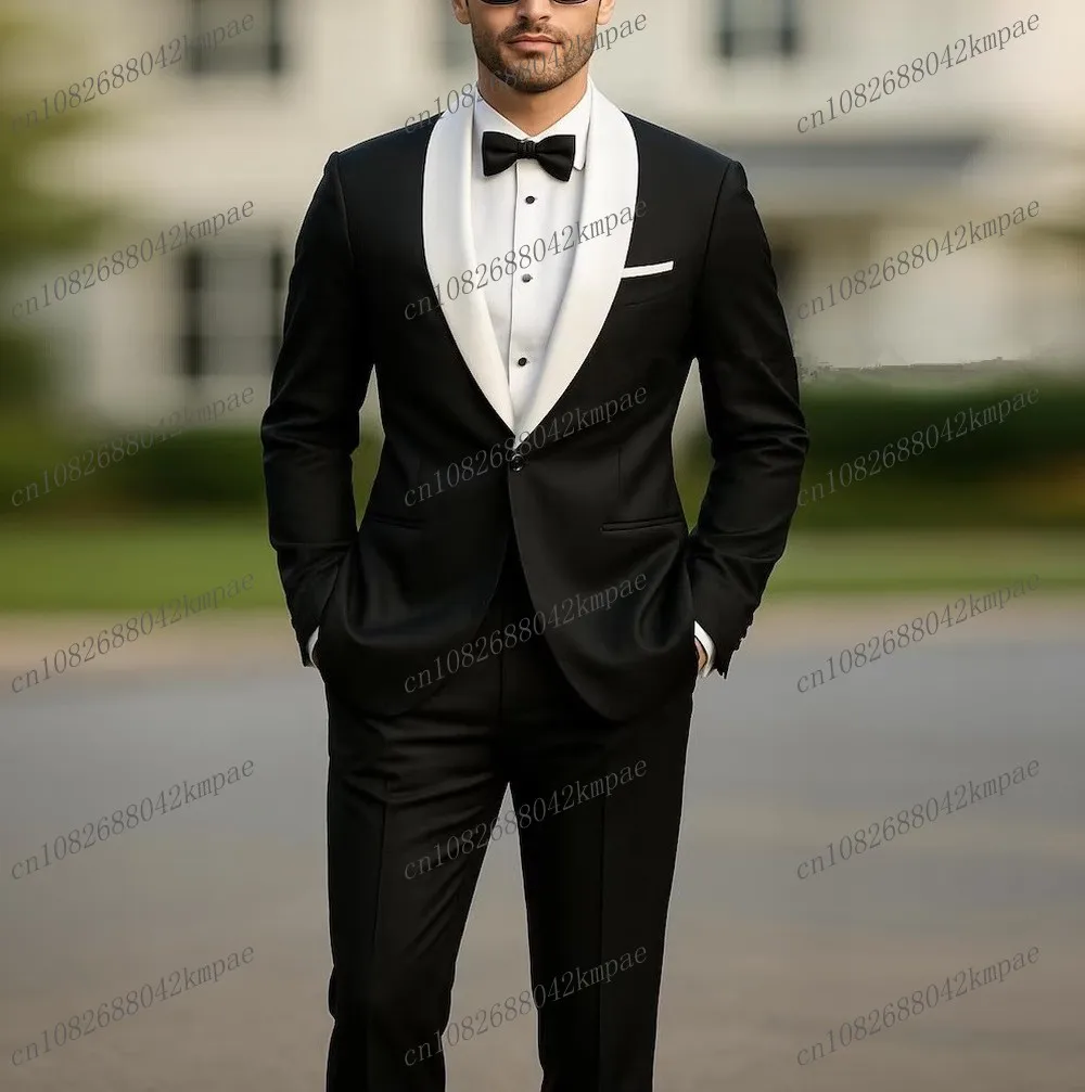 

New White Collar Black Men Formal Tuxedos Groom Groomsman Wedding Party Prom Male Business Suit 2 Piece Set Blazer Pants