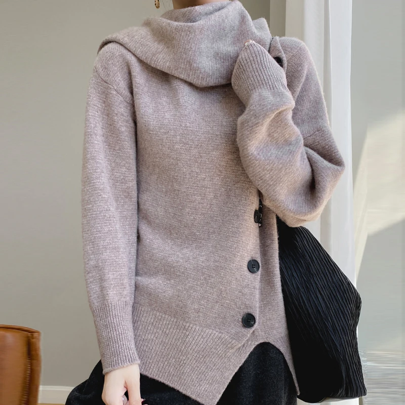 2023 Autumn/Winter New Women\'s 100% Wool Cashmere Sweater Scarf Tie Button Pullover Loose Korean Fashion Knitted Women\'s Top